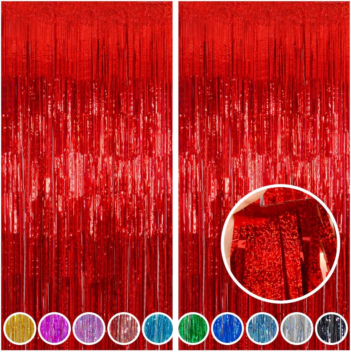 Melsan 2 Pack Red Tinsel Foil Fringe Curtains Backdrop, Sparkle Tinsel Backdrop Streamers for Christmas Valentines Veterans Birthday Party Decorations