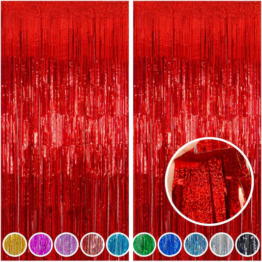 Melsan 2 Pack Red Tinsel Foil Fringe Curtains Backdrop, Sparkle Tinsel Backdrop Streamers for Christmas Valentines Veterans Birthday Party Decorations