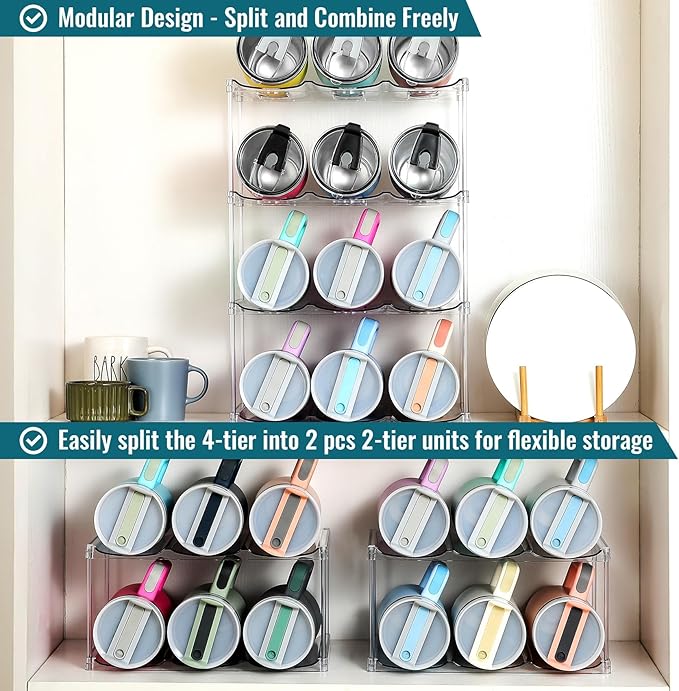 Design for Stanley 40 OZ & Large Bottles & Tumblers with Handle, Acrylic Water Bottle Organizer - Stackable Clear Wine Rack, Cup Holder for Home Kitchen Pantry Shelf Countertop Cabinet, 4 Tier Hold 12