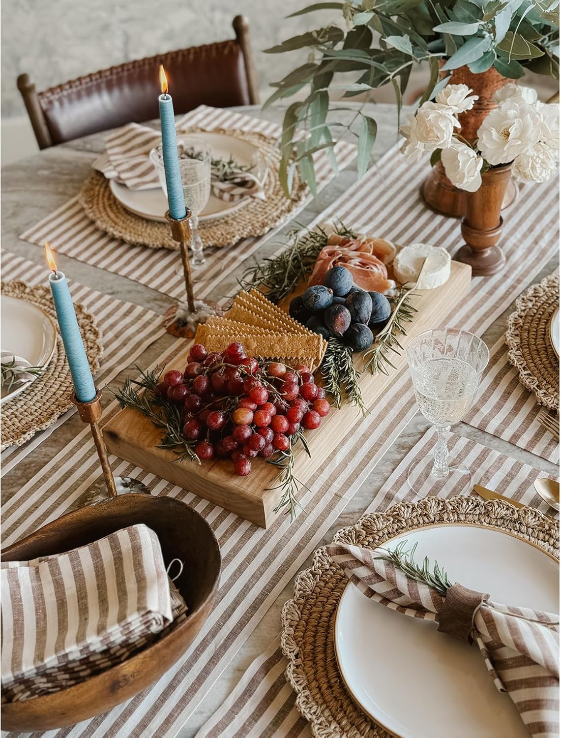 Solino Home Linen Table Runner 120 Inches Long - Amalfi Stripe, 100% Pure Linen Brown and Cream Farmhouse Table Runner 14 x 120 Inch for Dining, Fall, Autumn, Thanksgiving