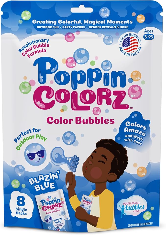 PoppinColorz Blazin' Blue Stain-Free Bubbles Party Favors – 8-Pack for Kids with Wands, Non-Toxic Party Favor for Birthday, Gender Reveal & Outdoor Fun – Bubbles Made in USA
