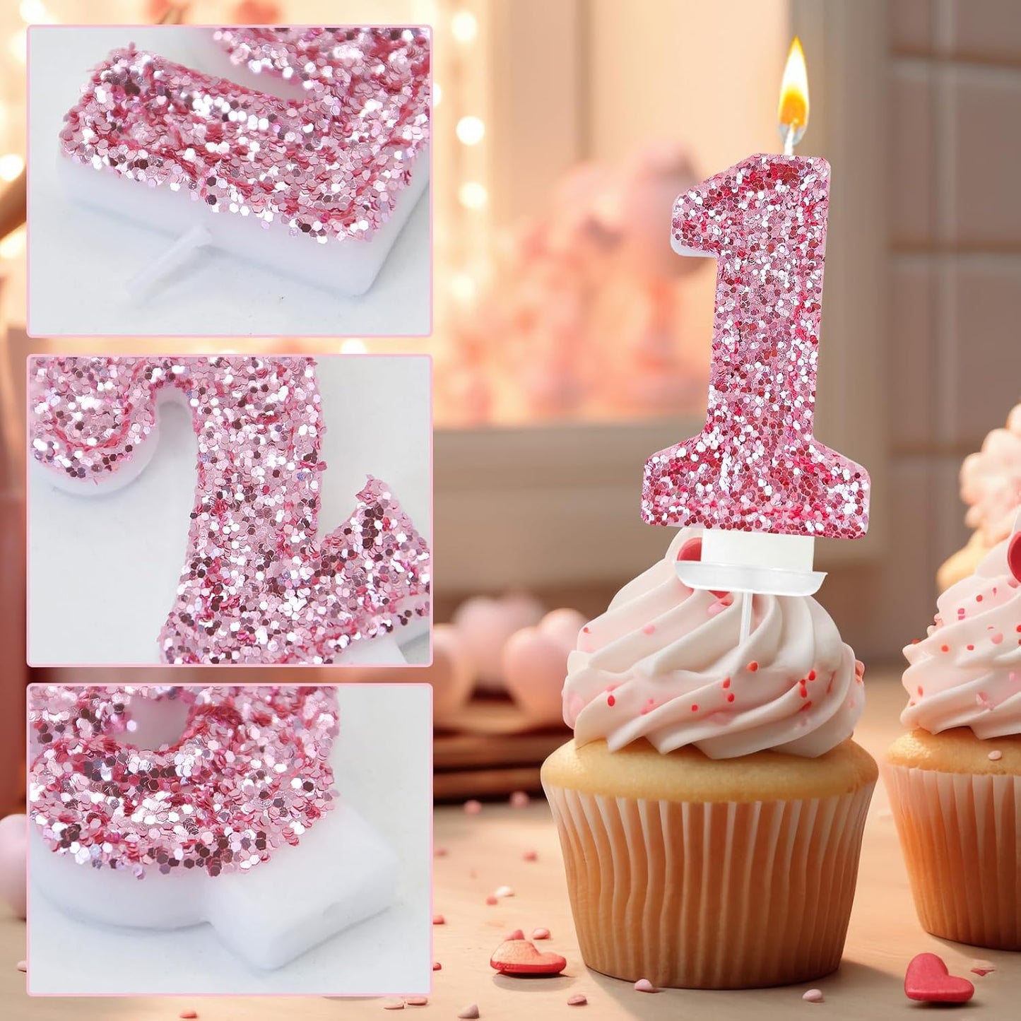 Birthday Number Candles, Glitter Number Candle Cake Decorations with Sequins, Cupcake Decorations for Girls, Women, Party Anniversary Celebrations (Number 1, Pink)