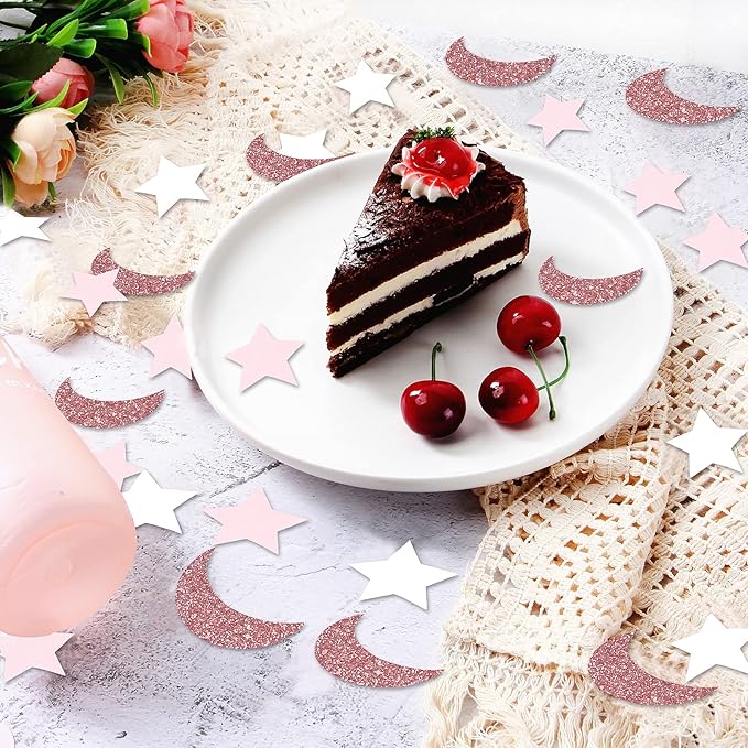 Rose-Gold Pink-White Moon Star Confetti - 300pcs Glitter Twinkle Little Star Table Confetti Eid Ramadan Mubarak Decoration Birthday Wedding Baby Bridal Shower Party Decor Lasting Surprise