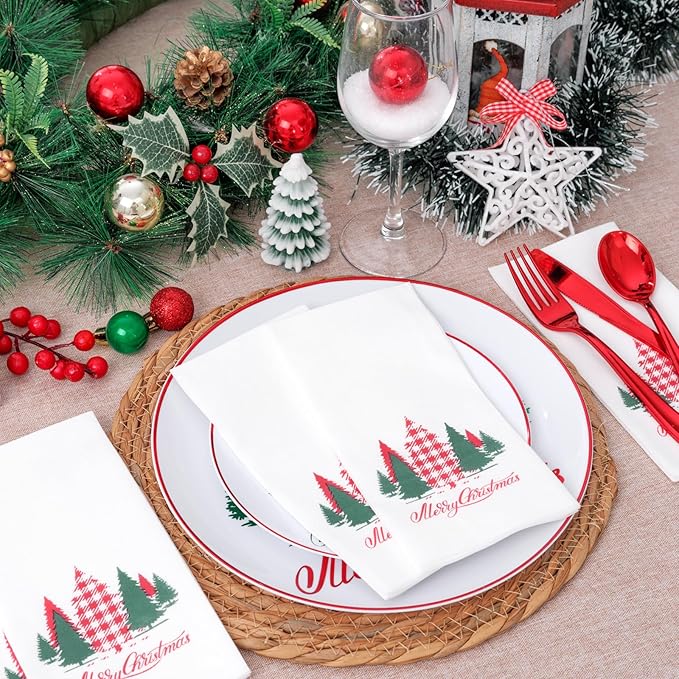 Supernal 100pcs Christmas Disposable Paper Napkins, Linen Like Holiday Napkins Design by Red and Green Xmas Tree, Christmas Guests Napkins Hand Towels for Kitchen Bathroom Parties Dinners