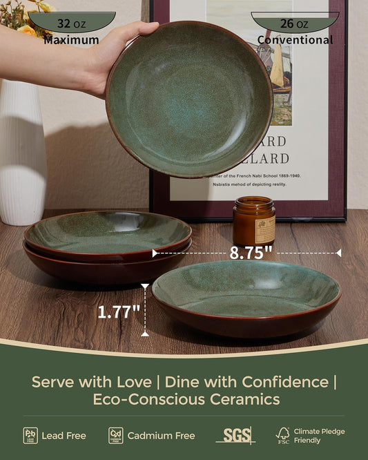 Stoneware Pasta Bowls Set of 6, 8.75 Inch Ceramic Bowl Set 32 Oz, Microwave & Dishwasher Safe Bowl Plates, Large Salad Bowl for Serving Soup, Pasta, Noodle, Dinner, Brown Green