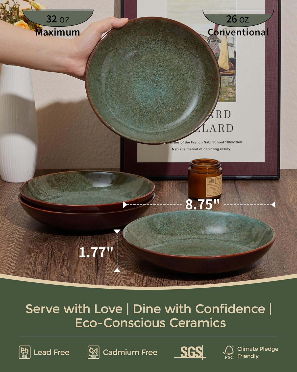 8.75 Inch Large Ceramic Pasta Bowls, 32 Oz Reactive Glaze Stoneware Pasta Serving Bowls Set of 4 for Kitchen, Wide Bowls for Fruit,Pasta,Salad,Soup, Scratch Resistant-Brown and Green