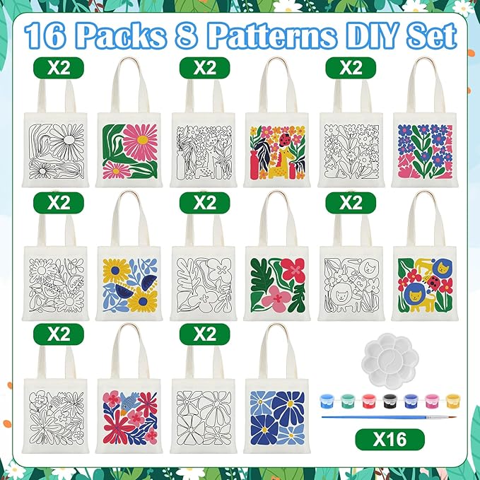 Aliceset 16 Pcs Color Your Own Bag Canvas Tote Bag for Painting 7.9'' x 8.6'' Mini Doodle DIY Craft Gift Reusable Cotton Bulk