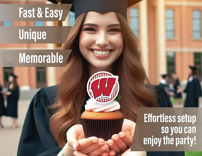 Wisconsin Party Supplies for UW Football, Birthday Gift, Graduation Party Banner and Cake Toppers (42 Pieces) (Wisconsin Badgers)