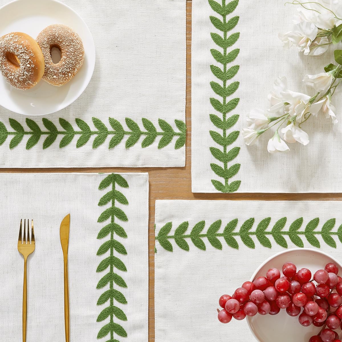 Wracra Embroidered Placemats, 13 x 18 Inch Set of 4 Placemats, Irregular Willow Rustic Place Mats for Kitchen Table and Heat Resistant, Green 4PCS