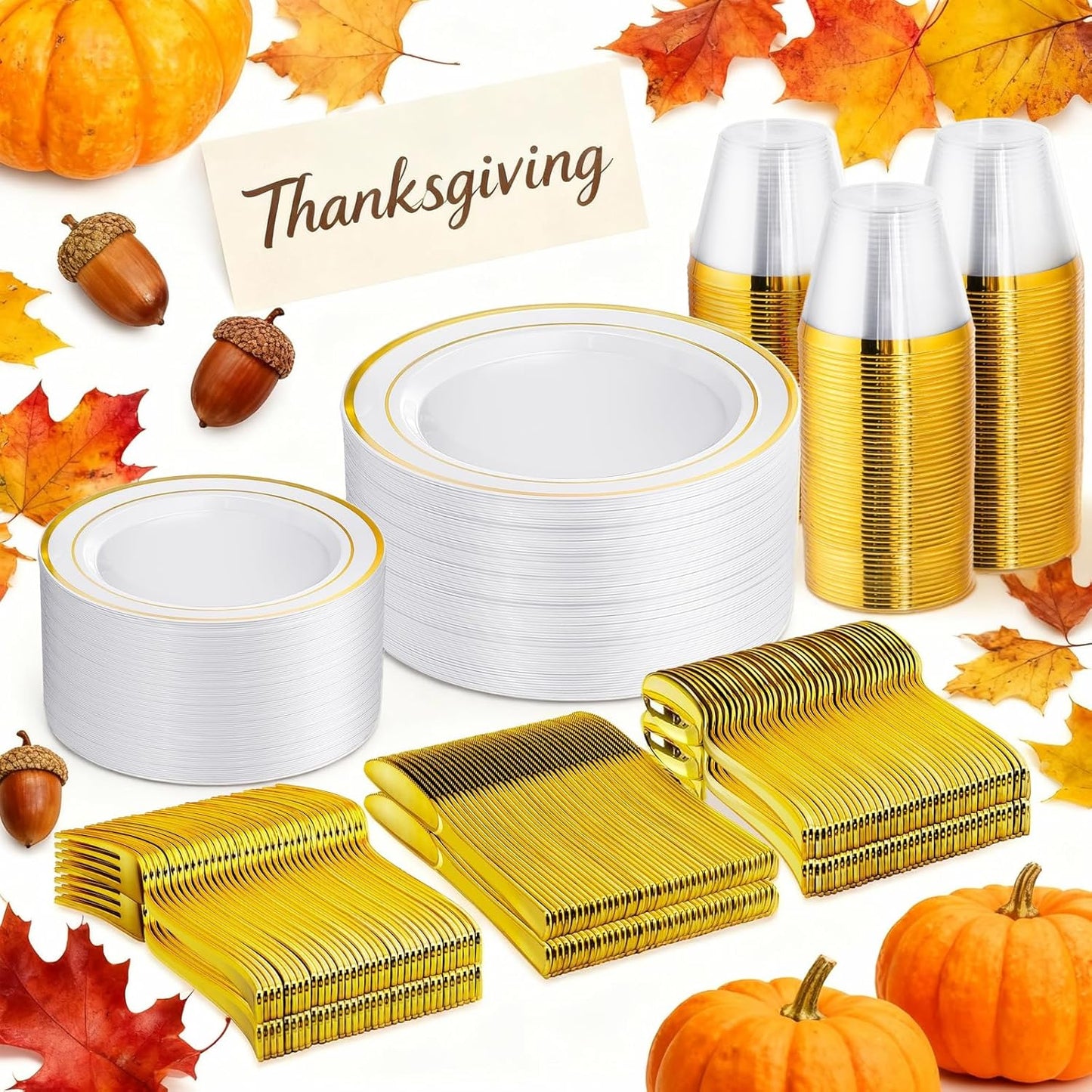 WELLIFE 300 PCS Gold Dinnerware Set for 50 Guests, Gold and White Disposable Plastic Plates for Party, 50 Dinner & Salad Plates, 50 Cups Forks Knives Spoons for Wedding and Party Supplies
