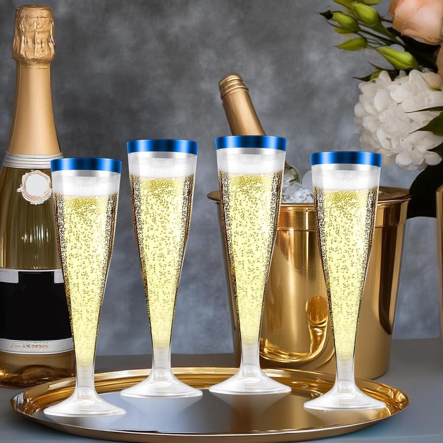 100 Pack Plastic Champagne Flutes,4.5 oz Plastic Glasses,Clear Disposable Champagne Flute,Toasting Glasses for Party Wedding Thanksgiving Day Christmas Party Cocktail Cups(Blue)