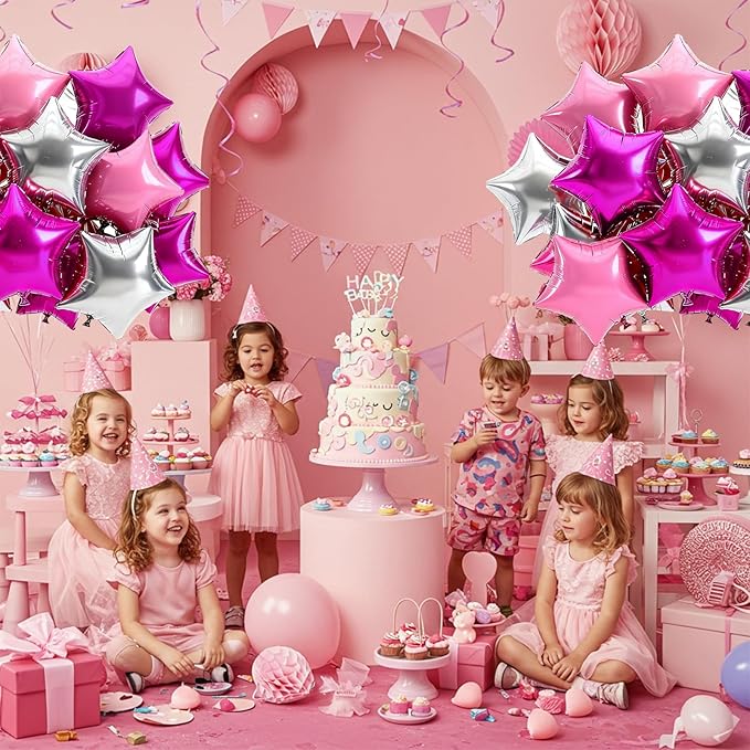 TONIFUL 15Pcs 18 Inch Large Hot Pink Silver Pink Star Shape Foil Balloons Big Stars Helium Mylar Ballons for Birthday Wedding Bridal Shower Anniversary Engagement Party Decorations Supplies