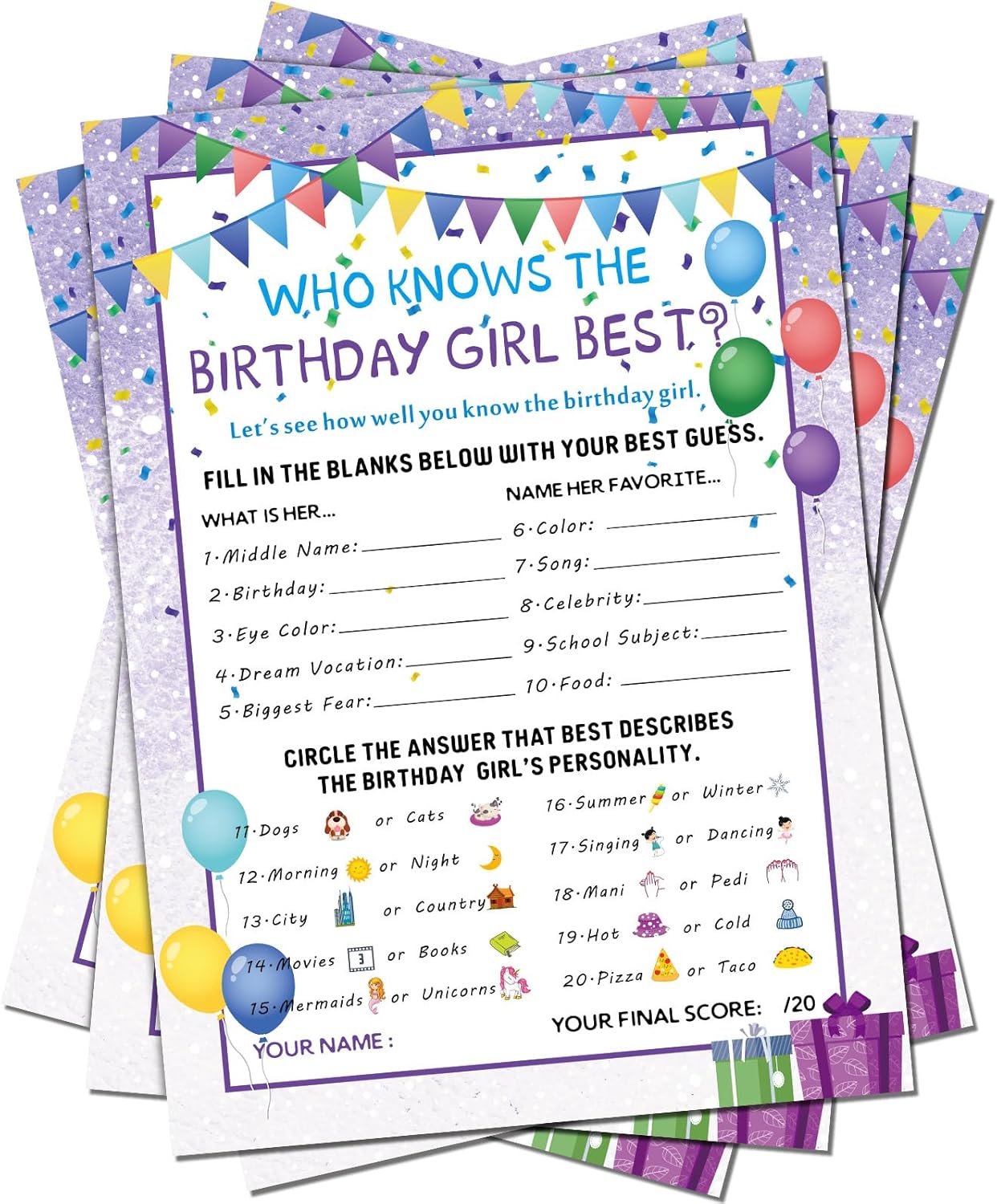 Skylety The Birthday Girl Best, 50 Pieces Birthday Party Activity Game Card Set Who Knows Her Best Girl Birthday Party Activity Themed Party Decorations (Purple)
