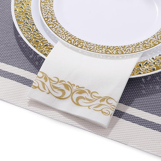 200 Disposable Hand Towels Soft and Absorbent Linen Feel Dinner Napkin Durable Decorative Bathroom Hand Napkins Good for Kitchen, Parties, Weddings, Dinners or Events White and Gold