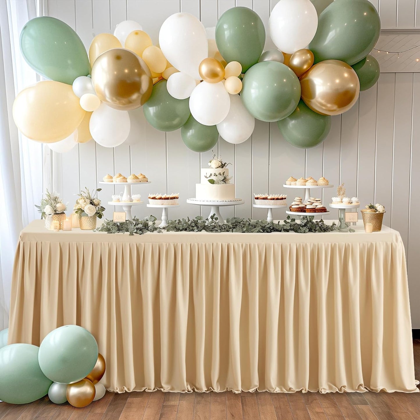 Dark Champagne Polyester Table Clothes for 8 Foot Rectangle Tables, Wrinkle Free Fitted Table Cover 8ft Stretch Tablecloths with Skirt for Parties Weddings Birthday Banquet Baby Shower