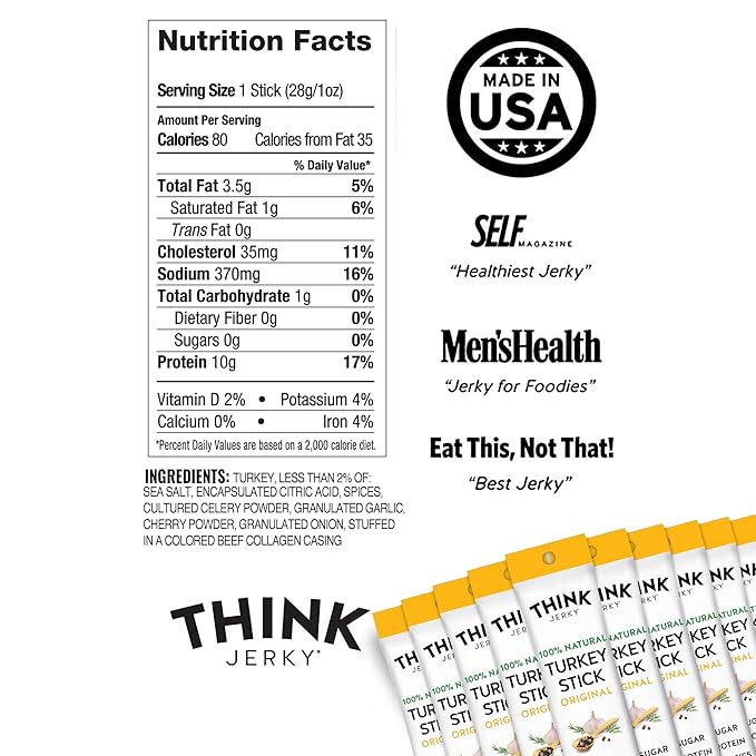 Think Jerky All-Natural Turkey Sticks, Gluten and Sugar Free, No Nitrates, Keto Paleo Friendly High Protein Low Carb Meat Snack - 1.0 oz Sticks, 20 Pack