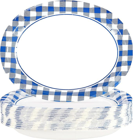 50Pcs Blue and White Gingham Oval Paper Plates 10" x 12" Large Blue Gingham Checkered Plaid Plates Disposable Heavy Duty Oktoberfest Plate for Oktoberfest Holiday Picnic BBQ Birthday Party Decorations
