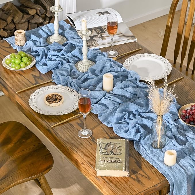 Artoid Mode Boho Cheesecloth Gauze Smoky Blue Wedding Table Runner, 120 Inch Seasonal Fabric Kitchen Dining Holiday Table Decor for Home Party Indoor