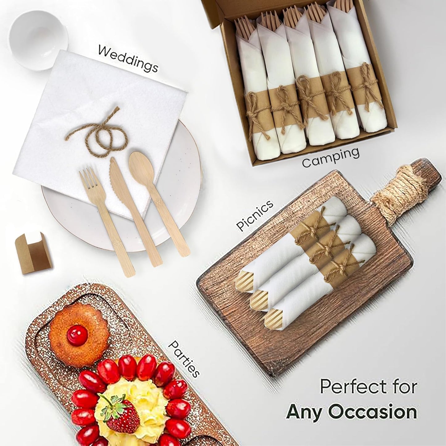 Premium Pre Rolled Napkin and Bamboo Cutlery Set (10 Pack, 40 PCS) 100% Biodegradable, Eco-Friendly, Disposable Wrapped Cutlery - Pre-Wrapped Bamboo Forks, Knives, Spoons, Napkins, Brown Roll