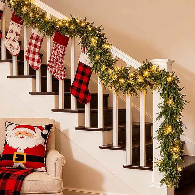 6ft Artificial Norfolk Pine Garland with Lights, 2Pcs Christmas Greenery Garland for Mantel Fireplace Table Wall Stair Window Outdoor Indoor Christmas Decorations (2)