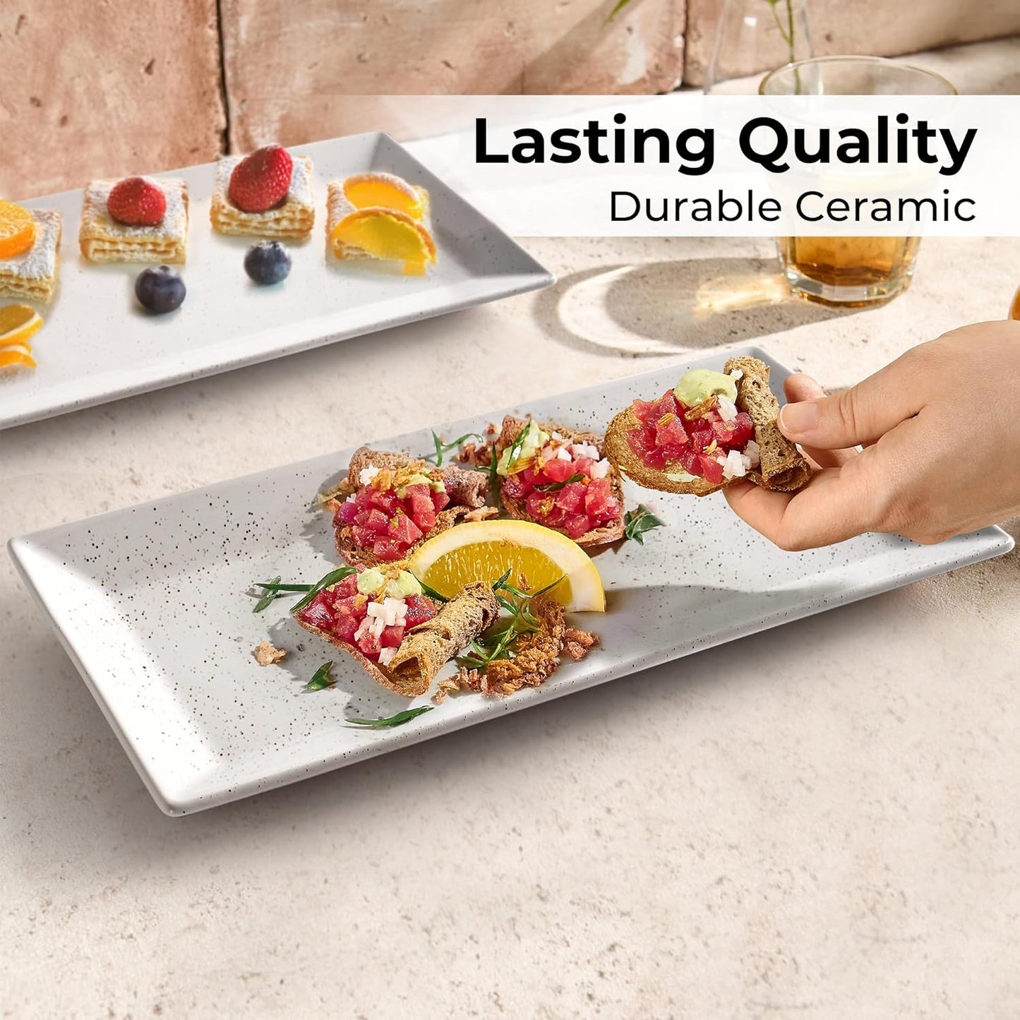 MIAMIO - Ceramic Serving Platter Set of 3 Large Serving Tray/Rectangle Serving Platters for Thanksgiving, Turkey, and Christmas - Microwave, Dishwasher, and Oven Safe Platter (30 x 15 cm)