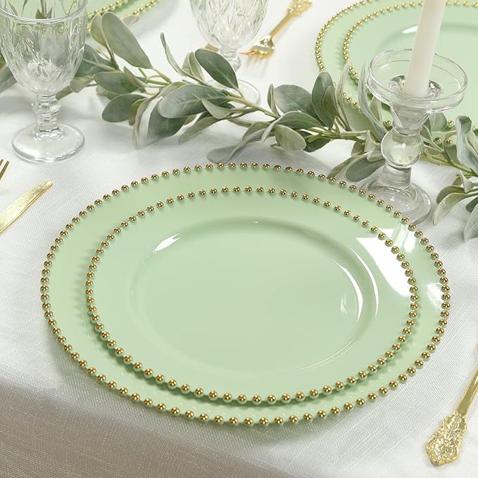 Efavormart 10-Pack Economy Plastic Charger Plates 13" Round Sage Green with Gold Beaded Rim - Stylish Dinner Party Serving Plates