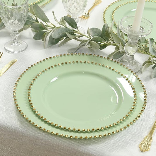 Efavormart 10-Pack Economy Plastic Charger Plates 13" Round Sage Green with Gold Beaded Rim - Stylish Dinner Party Serving Plates