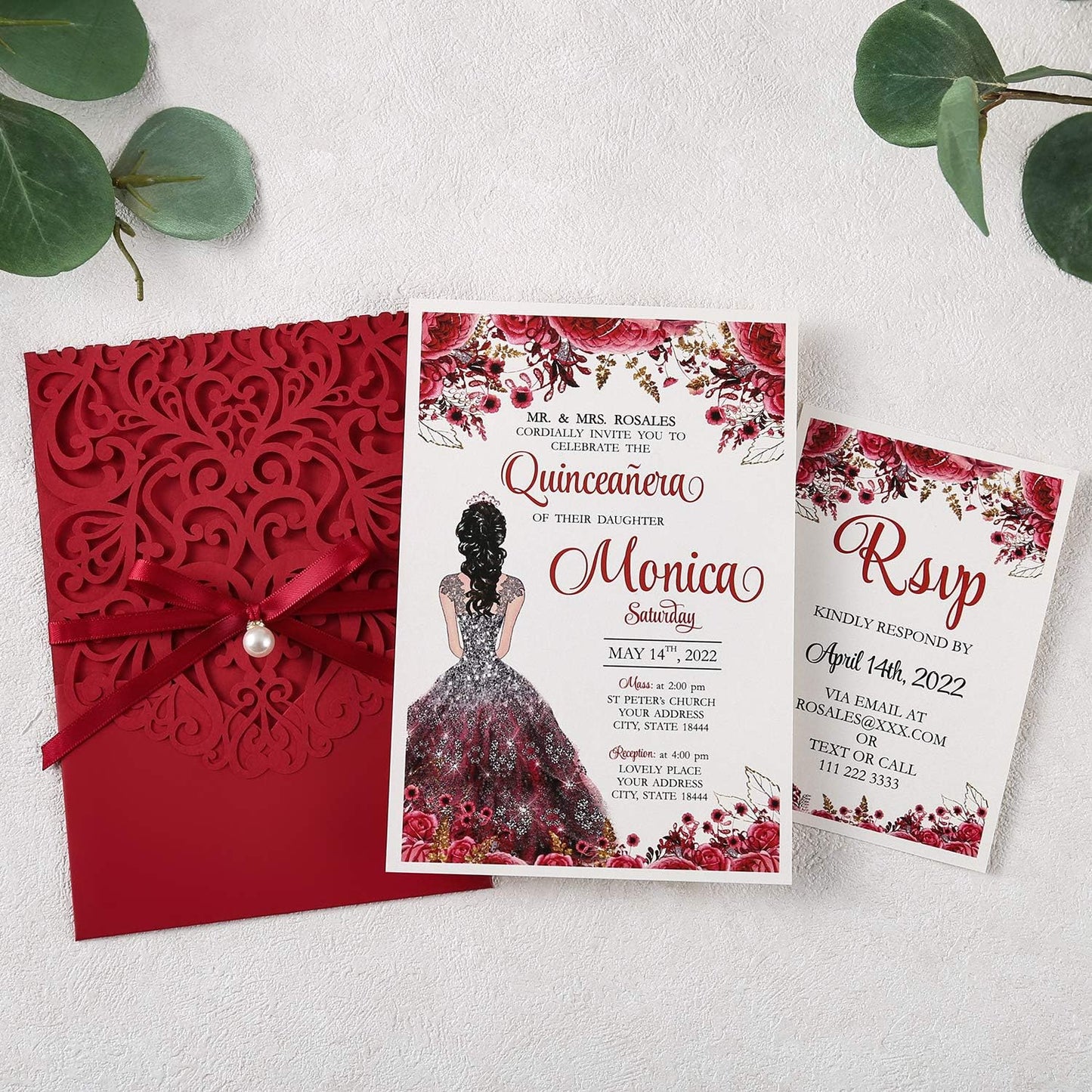5X7.2 Inch 50PCS Personalized Laser Cut Red Quinceanera Invitations With RSVP Cards and Envelopes And Ribbon Belly Band with Pearl Embellishments for Wedding