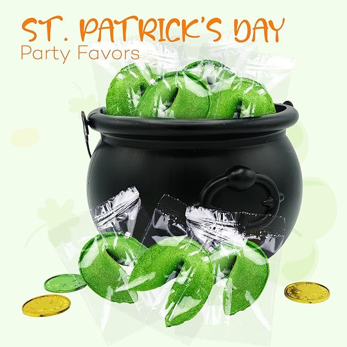 4E's Novelty St Patricks Day Fortune Cookies (50 Pack) Bulk Individually Wrapped Green Fortune Cookies With 50 Unique St Patricks Day Themed Fotune, Party Favors & Candy Bowl Filler