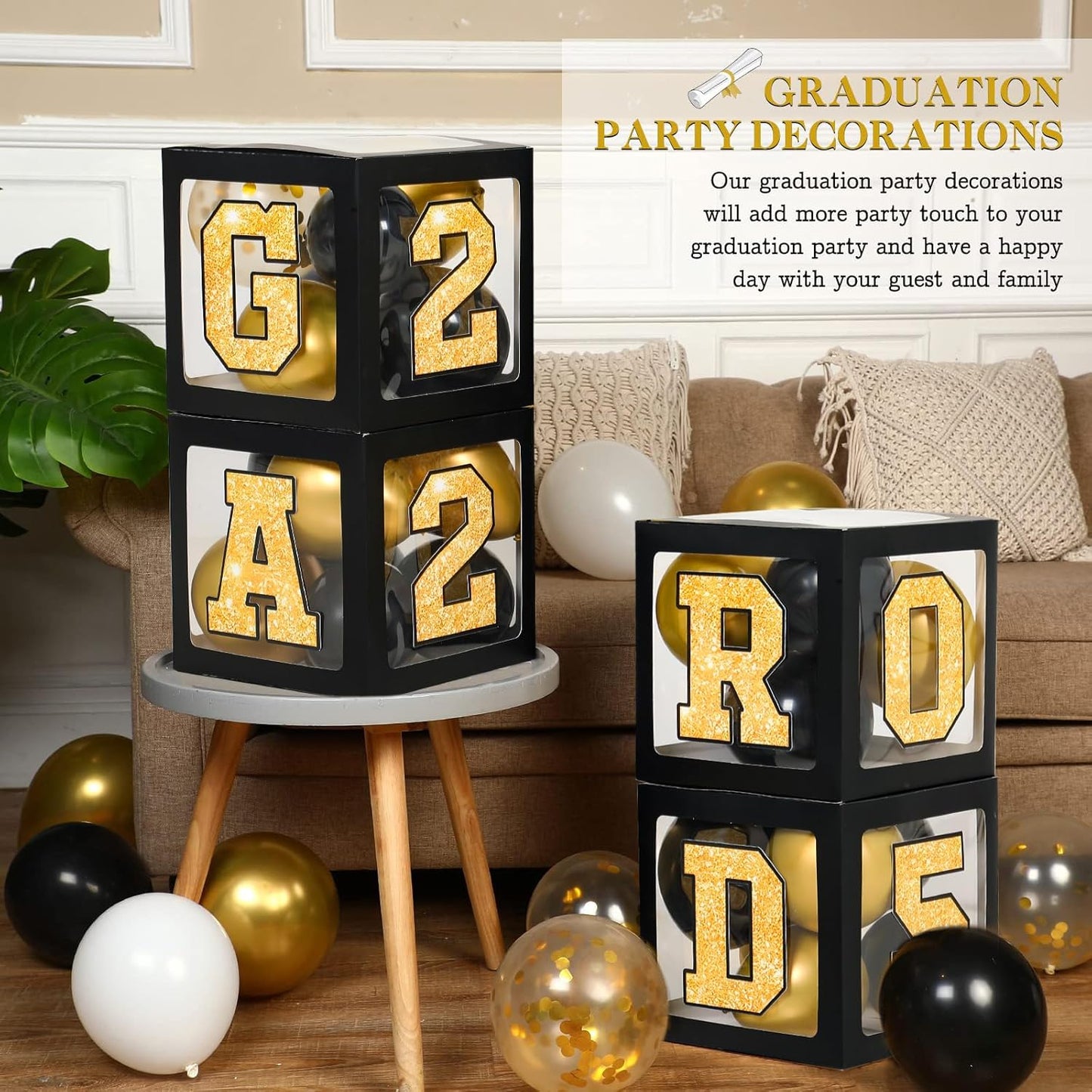 Graduation Decorations Class of 2025 - Black Gold Graduation Party Decorations include Balloon Boxes with Letters, Banner and Balloon Arch Kit for 2025 Grad Party Supplies Photo Backdrop