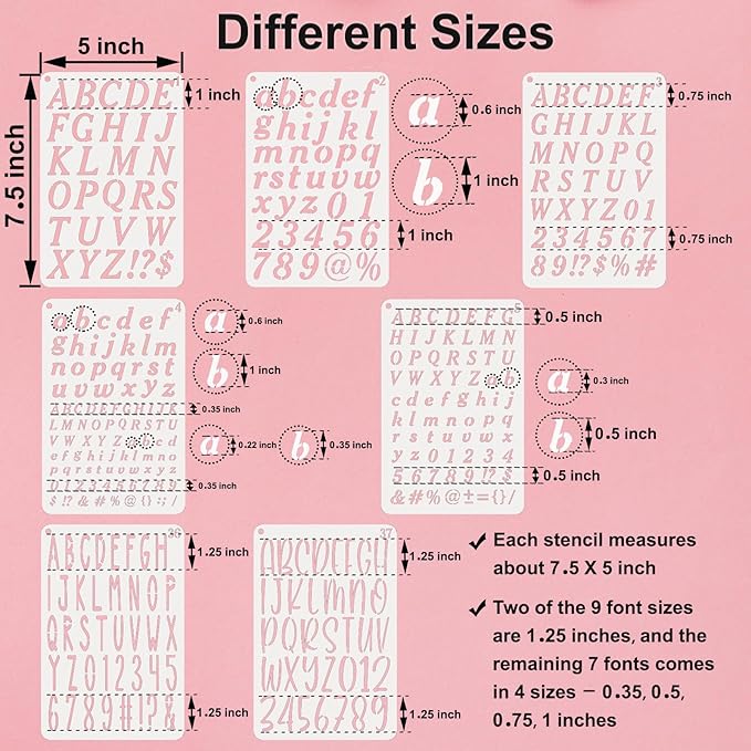 BAMIDELE Letter and Number Stencils for Painting - 40 PCS Small Alphabet Stencils (1, 0.75, 0.5, 0.35 Inch) for Crafts, Wood, Cakes - Reusable Plastic Bullet Journaling Letter Stencil (7.5 x 5 Inch)