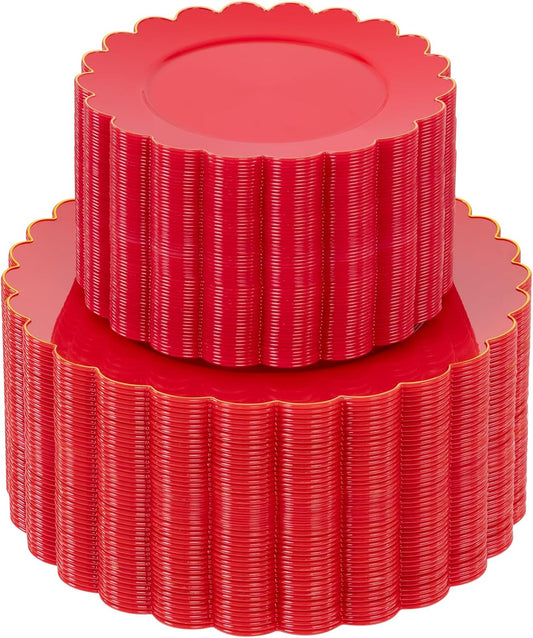 Supernal 100pcs Red Plastic Plates,Fancy Disposable Plates Heavy Duty,Red and Gold Party Supplies Including 10.25’’ Dinner & 7.5’’ Dessert Plastic Plate,Elegant Disposable Plate Suit for Party,Wedding