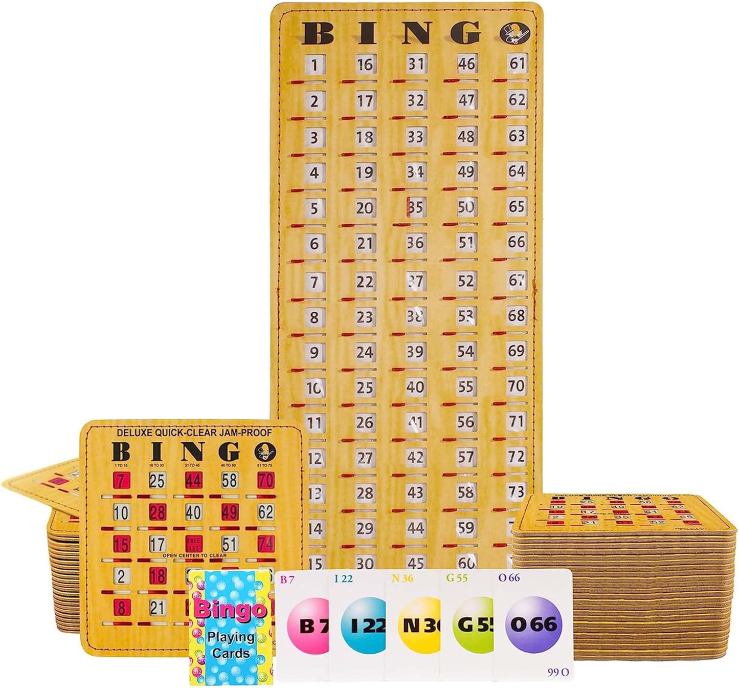 MR CHIPS Jam-Proof Bingo Cards with Sliding Windows, 50 Reusable Shutter Cards, 75 Calling Cards 1 Master Board in Woodgrain Style
