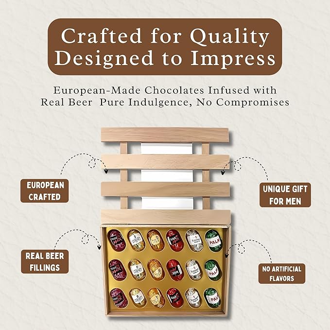 Andy Anand Chocolatier European Beer Flavored Dark Chocolate Bottles, Filled with Top-Shelf Beer, Gluten Free Assorted Flavors Chocolates, Packed in a Wooden Gift Box (18 Pcs)
