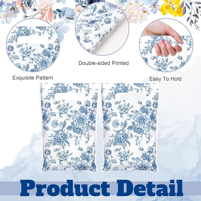 Supervitae 100 Pcs Plastic Blue Floral Gift Bags Flower Party Favor Bags Bulk with Handles for Birthdays Weddings Bridal Baby Showers Snacks Goodie Candy Treat Tea Party Supplies