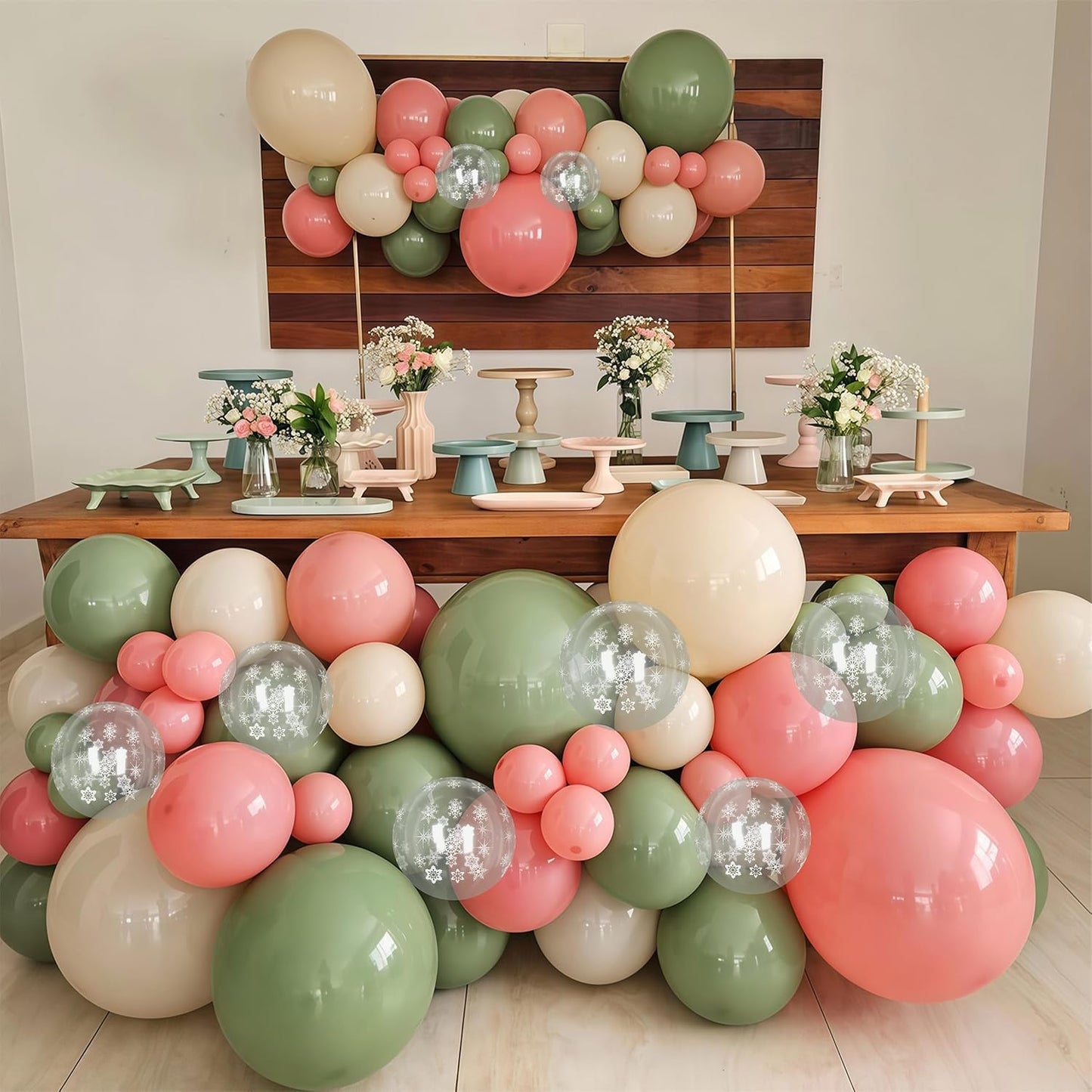 Pink and Green Balloons 60pcs, Sage Olive Green Dusty Blush Light Pink Sand White Balloon with Snowflake Balloons for Baby In Bloom Baby Shower Christmas Winter Wonderland Birthday Party Decorations