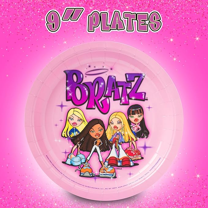 Silver Buffalo Bratz Dolls Featuring Yasmin, Sasha, Jade, and Cloe 32 Pack Partyware Disposable Paper Plates and Napkins