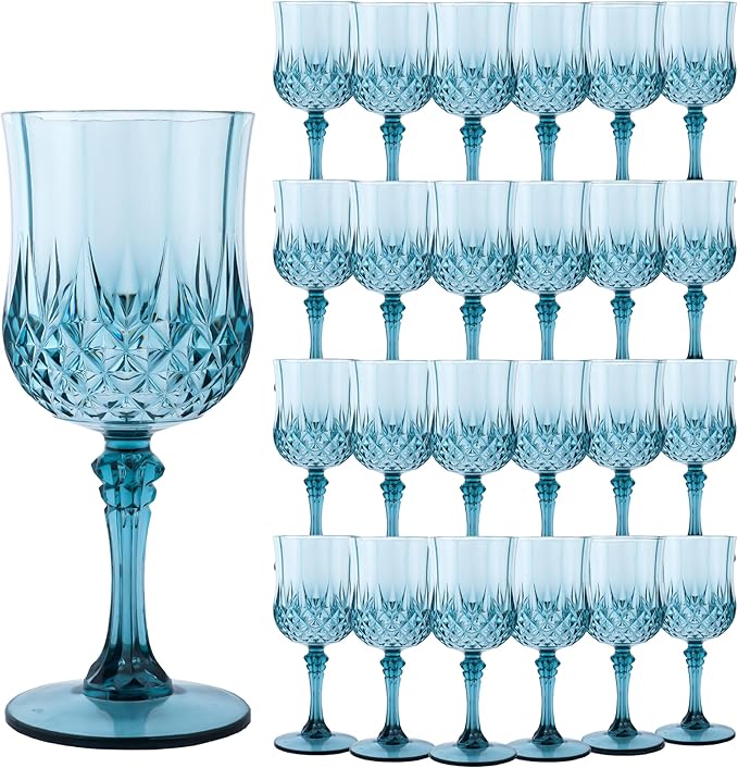 Plastic Wine Glasses, Plastic Goblets Vintage Style Cordial Unbreakable Drinking Glasses, Reusable Drinkware for Wedding Reception, Grand Event Party Supplies, Easter (24, Dusty Blue)