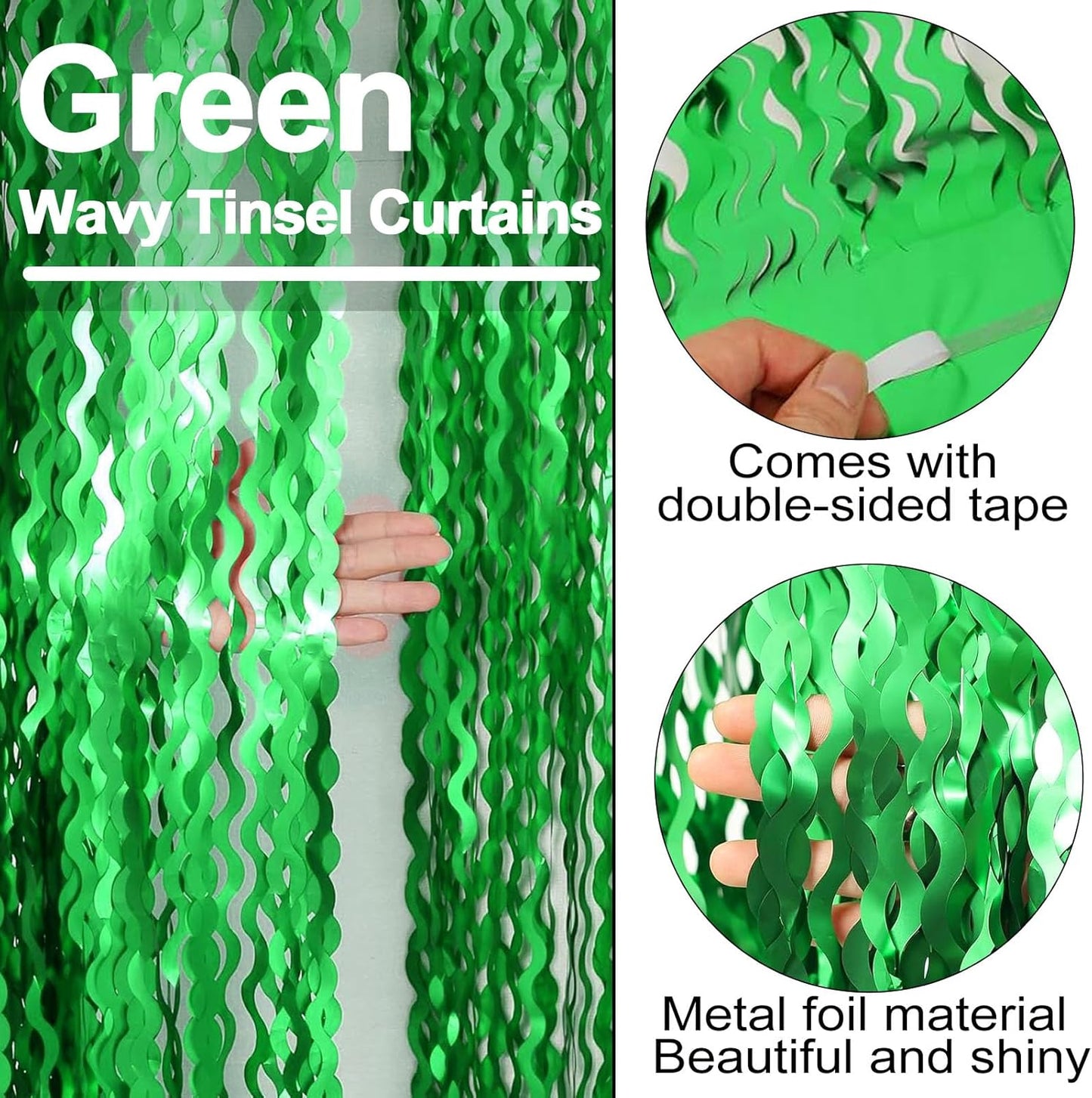 4 Pack Green Fringe Curtain Backdrop 3.2Ft x 8.2Ft Metallic Tinsel Foil Fringe Streamers Background for Photo Booth Mother's Day, Easter, Carnival, Birthday, Wedding Party Decoration