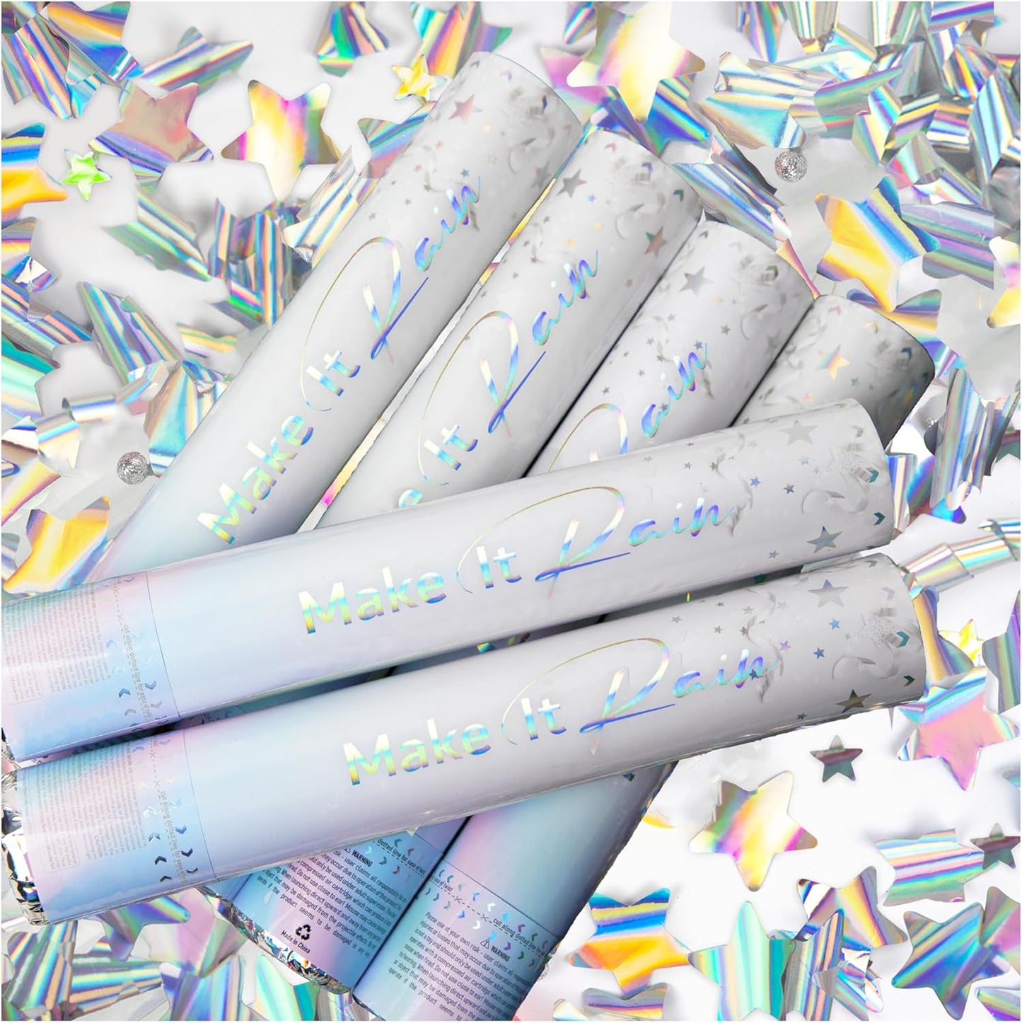 PrimePure Confetti Cannon Party Poppers - Holographic Silver Stars Confetti Popper & Streamer - 6 Pack - New Years Party Cannon Silver Glitter Star Pop Gun for NYE 2026, Birthday, Celebration, Pranks