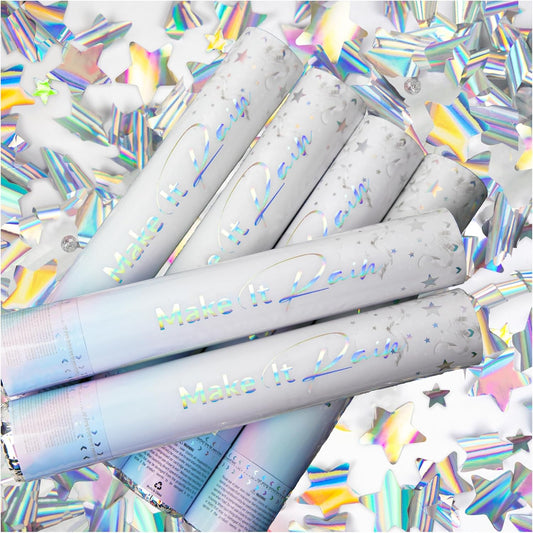 PrimePure Confetti Cannon Party Poppers - Holographic Silver Stars Confetti Popper & Streamer - 6 Pack - New Years Party Cannon Silver Glitter Star Pop Gun for NYE 2026, Birthday, Celebration, Pranks