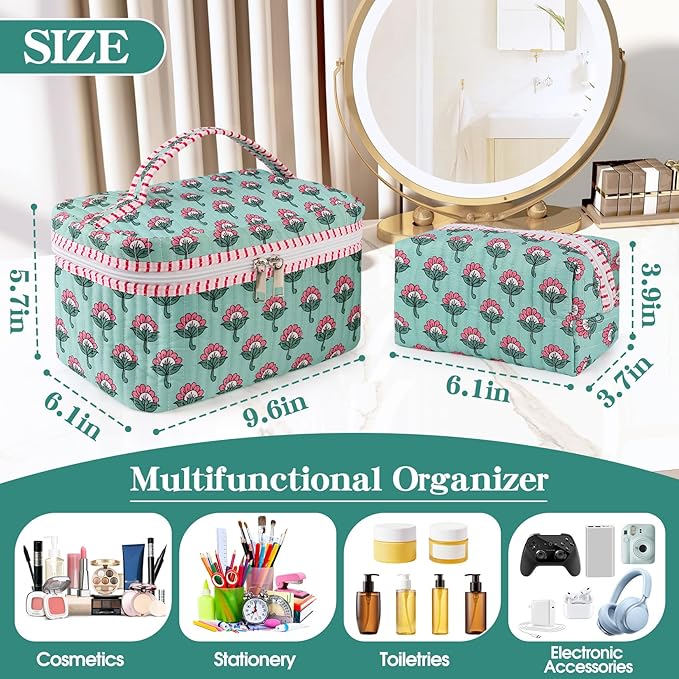 2Pcs Quilted Makeup Bag Set, Floral Boho Toiletry Bag Travel Essentials Gifts for Women Girls, Cute Flower Cosmetic Organizer Pouch Make Up Bags for Travel Bachelorette Party Favors (Pink - Ice Green)