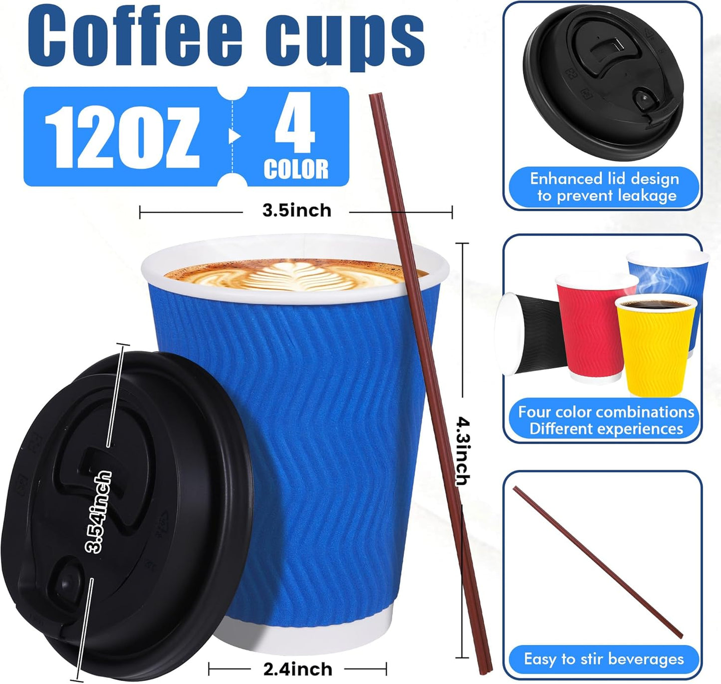 4-Color Assortment Coffee Cups (Red, Blue, Black, Yellow) - 100-Pack of 12 oz Disposable Paper Cups with Lids, Stirring Straws, Insulated Corrugated Wall for Hot & Cold Drinks