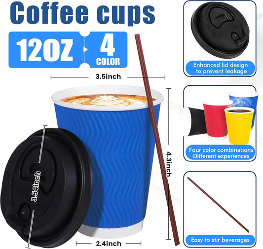 4-Color Assortment Coffee Cups (Red, Blue, Black, Yellow) - 100-Pack of 12 oz Disposable Paper Cups with Lids, Stirring Straws, Insulated Corrugated Wall for Hot & Cold Drinks