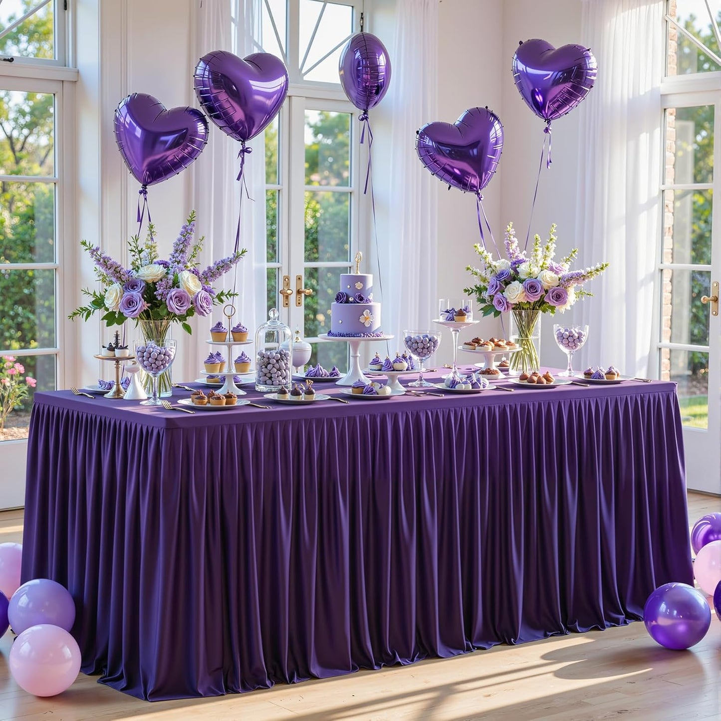 Dark Purple Polyester Table Clothes for 4 Foot Rectangle Tables, Wrinkle Free Fitted Table Cover with Pleated Ruffle Table Skirt for Birthday Party Wedding Trade Show Event Display