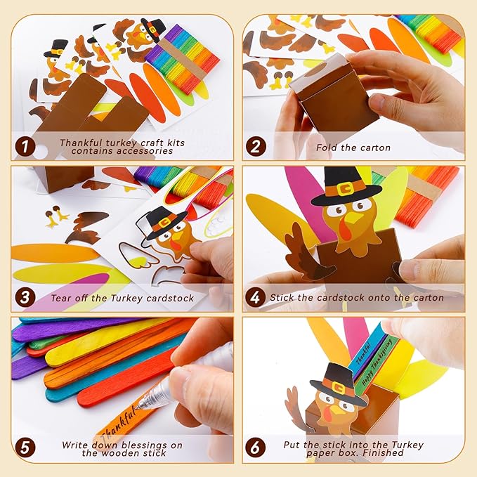FULAIERGD 32 Set Fall Thankful Turkey Craft Kit - Fall DIY Turkey Paper Boxes Thanksgiving Turkey Jar Craft Gratitude Prayer Turkey Jar Christian Party Favor for Fall Activities Home Party Supplies