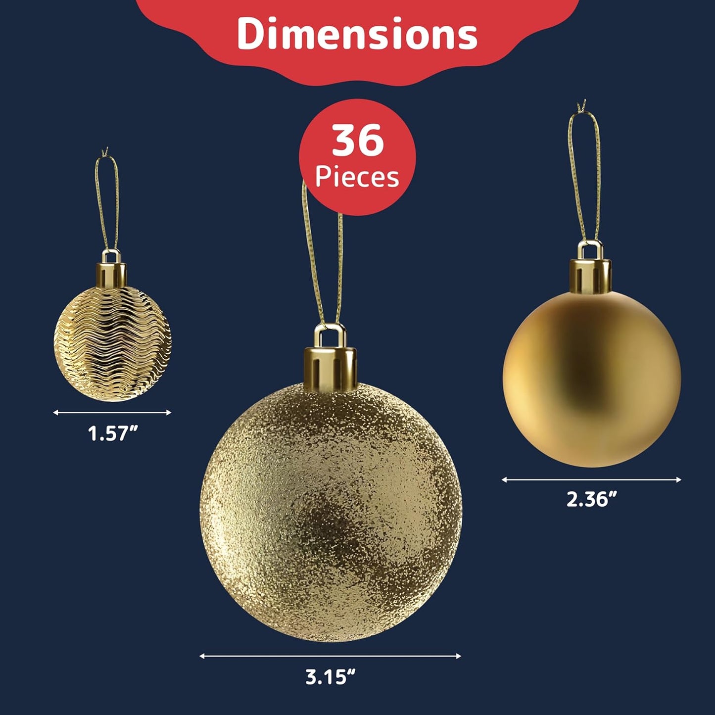 Prextex 36pc Shatterproof Gold Christmas Balls Ornament Set - Festive Christmas Tree Ornaments in 3 Different Sizes and 6 Styles - Holiday Decoration with Hanging Loops for Tree, Wreath, Party Decor