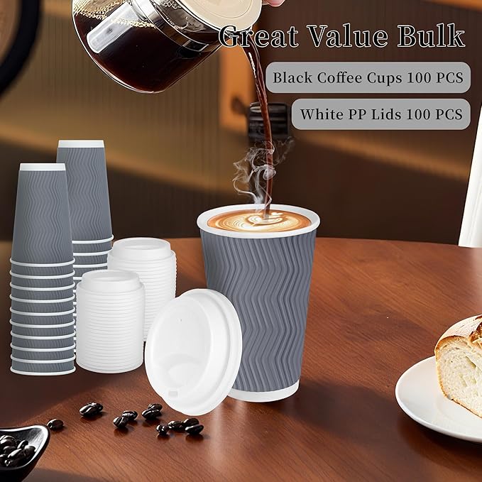 100 Set - 16 oz Coffee Cups with Lids, Disposable Insulated Corrugated Paper Cups, Double Wall Ripple To Go Cups for Hot Drinks, Chocolate, Cocoa (Grey)