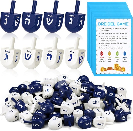 Wettarn 100 Pieces Hanukkah Dreidels Bulk Wooden Hanukkah Dreidels with Game Instruction Cards for Party Game(Size 1,Cool Style)