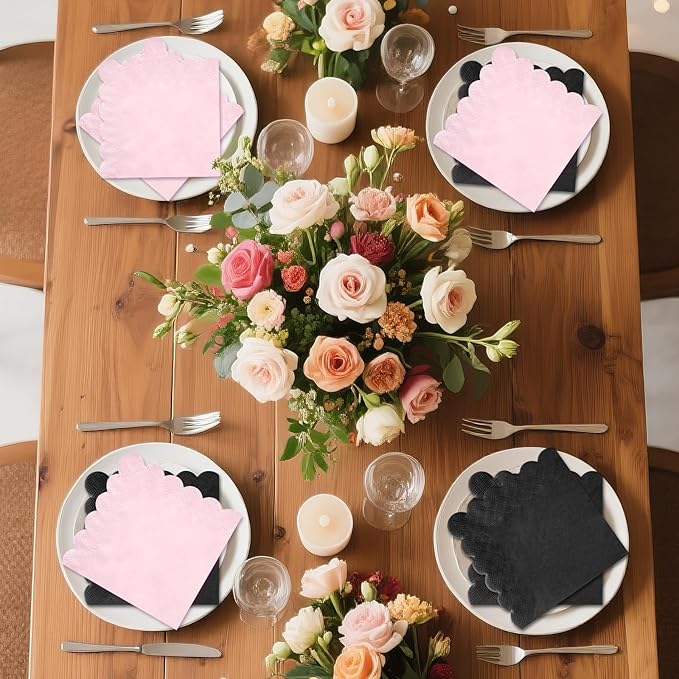 120 Pcs Pink Scalloped Cocktail Napkins,2-Ply Pink Disposable Beverage Party Napkins for Dinner Wedding Birthday Baby Shower